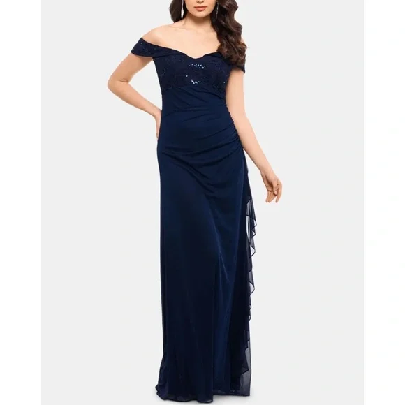 Betsy & Adam | Dresses | Womens Formal Dress Size 4 P Betsy Adam Navy Off  The Shoulder Ruched Sequins | Poshmark